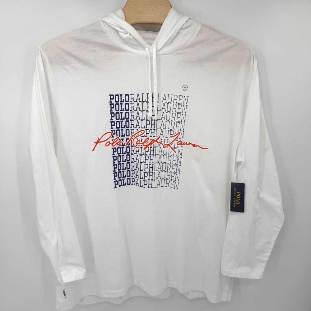 Polo Ralph Lauren Hooded T-Shirt Mens 2XB White Graphic Print Long Sleeve NWT